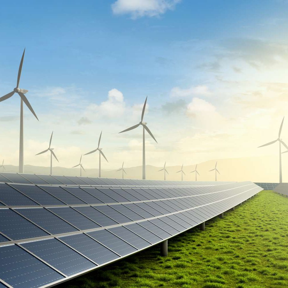 Solar panels and wind turbines in a renewable energy field